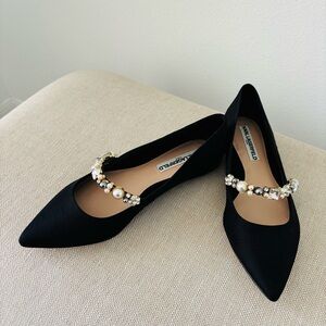 Karl Lagerfeld Formal Shoes NWOT Flats Black Silk Dupioni Jeweled Strap 8